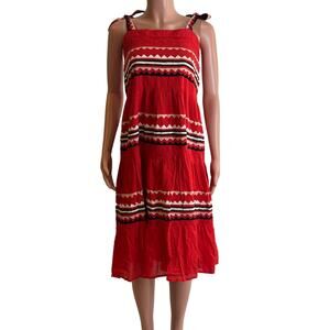 Carolina K Midi Dress Womens XS Red Cotton Embroidered Tie Strap Tiered Boho